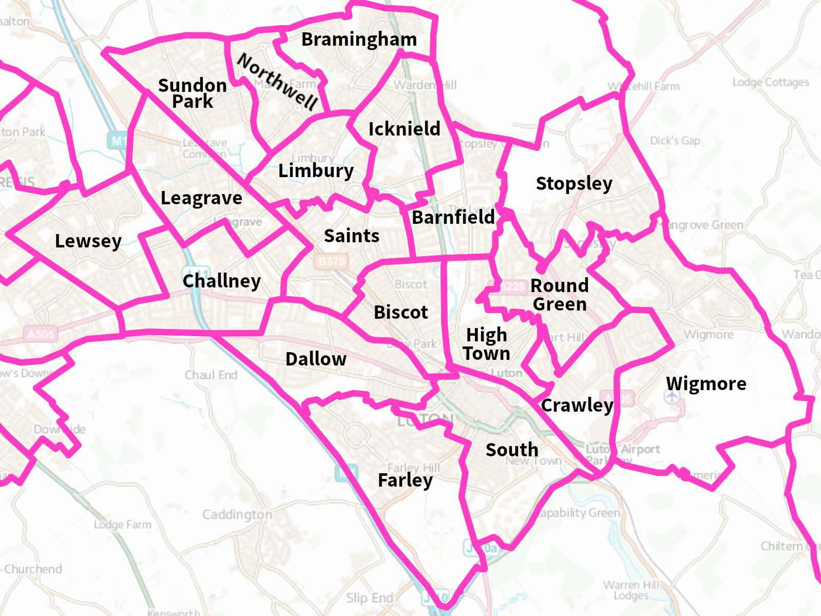 Map showing Luton and nearby service areas